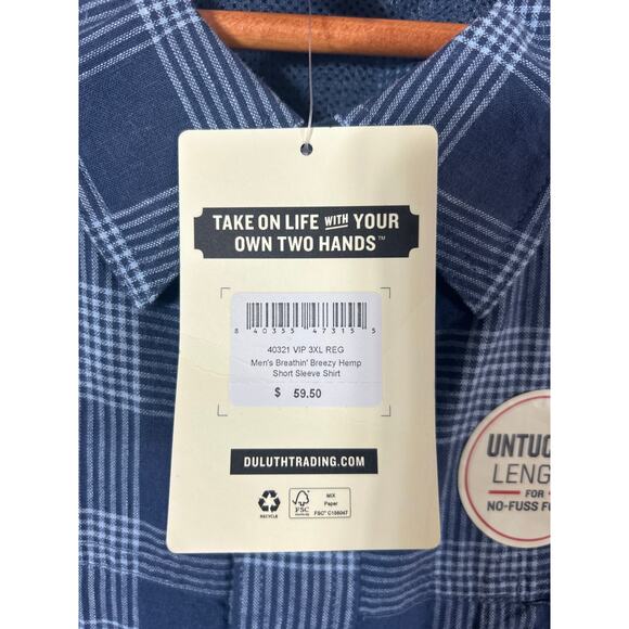 Duluth Button Up 3X Blue Plaid NEW Relaxed Untucked Hemp Organic Cotton Vented - Picture 8 of 15